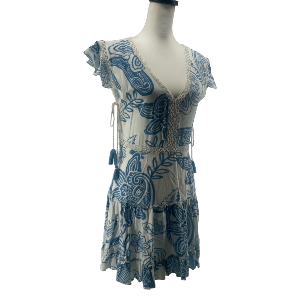 Artsy Cottage Mini Dress Womens Medium Blue Paisley Crochet Coastal Cowgirl Boho